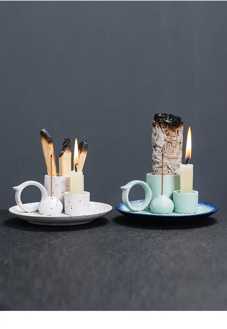4 in 1 Ceramic Palo Santo Sticks Holder Incense Burner Sage Holder Incense Holders Ash Catcher Tray for Meditation Yoga Room