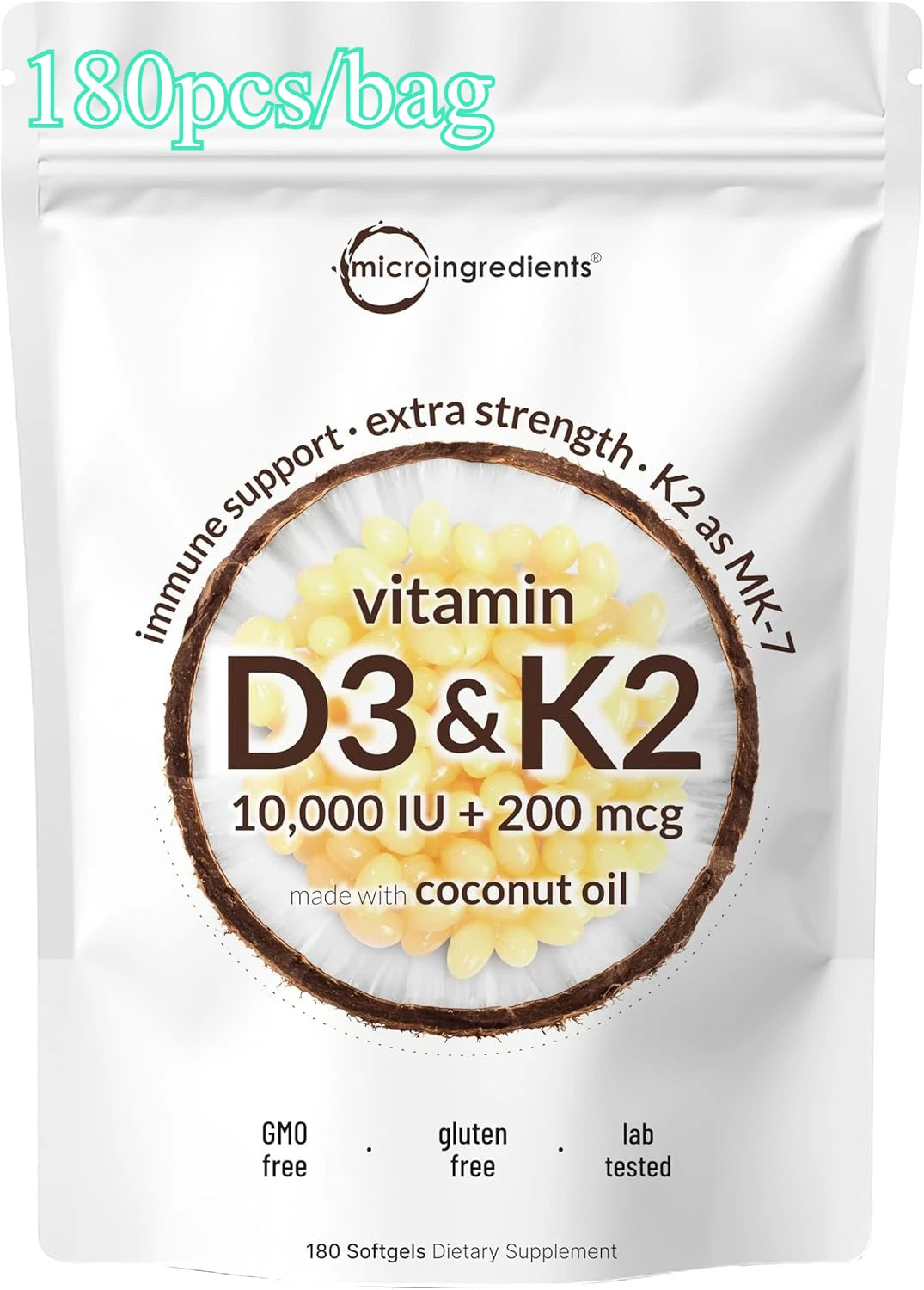 Vitamin D3 10000 IU + K2 MK-7 200 mcg Softgels with Coconut Oil 2-in-1 Vitamin D & K Complex Daily Supplement