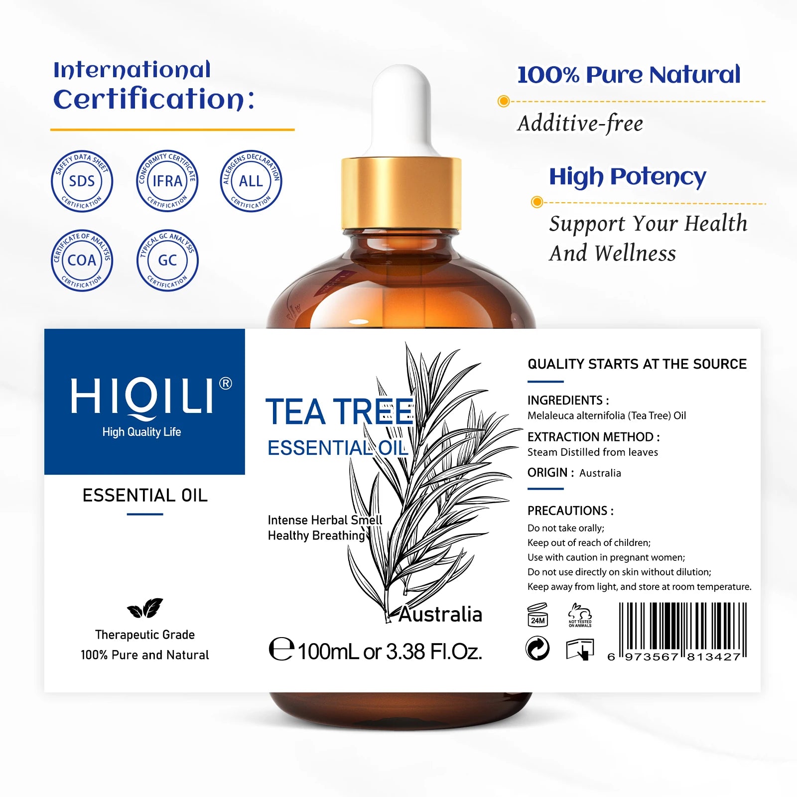 HIQILI 100% Tea Tree Essential Oil 100ml for Aromatherapy Massage DIY Beauty Skin Hair Relaxation Lavender Ginger Sandalwood