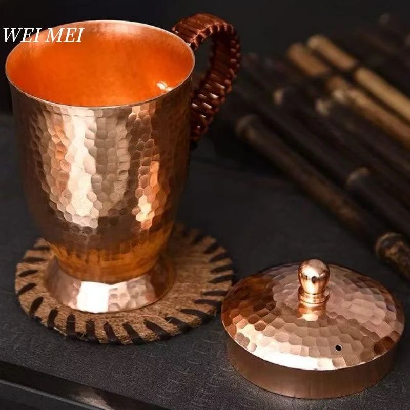 Vintage Pure Copper Mug,With lid Milk Breakfast Coffee Cup,Handcrafted Woven Handle Hammer Texture Home 400ml Tea Cup Tableware