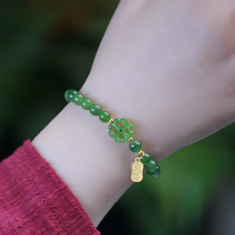 Natural Jade Bracelet Real Hetian Jasper Elastic Beaded Bangles Green Stone Fine Jewelry for Men & Women Couple Bracelets