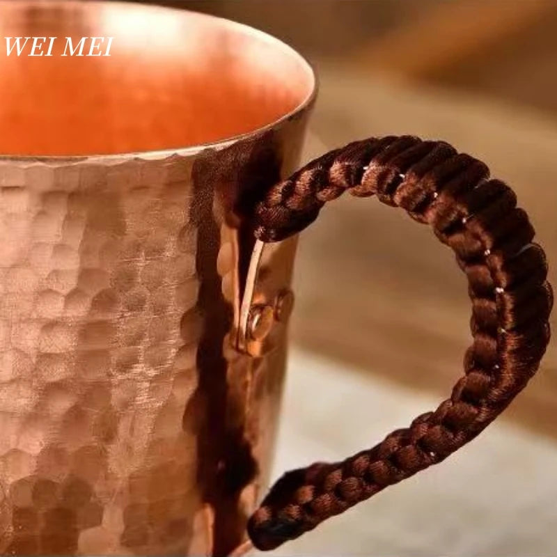 Vintage Pure Copper Mug,With lid Milk Breakfast Coffee Cup,Handcrafted Woven Handle Hammer Texture Home 400ml Tea Cup Tableware