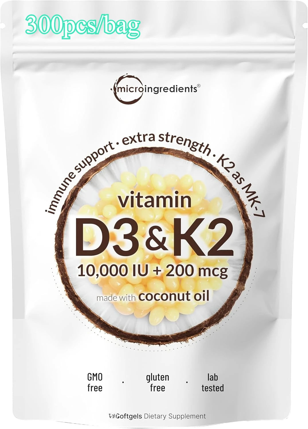 Vitamin D3 10000 IU + K2 MK-7 200 mcg Softgels with Coconut Oil 2-in-1 Vitamin D & K Complex Daily Supplement