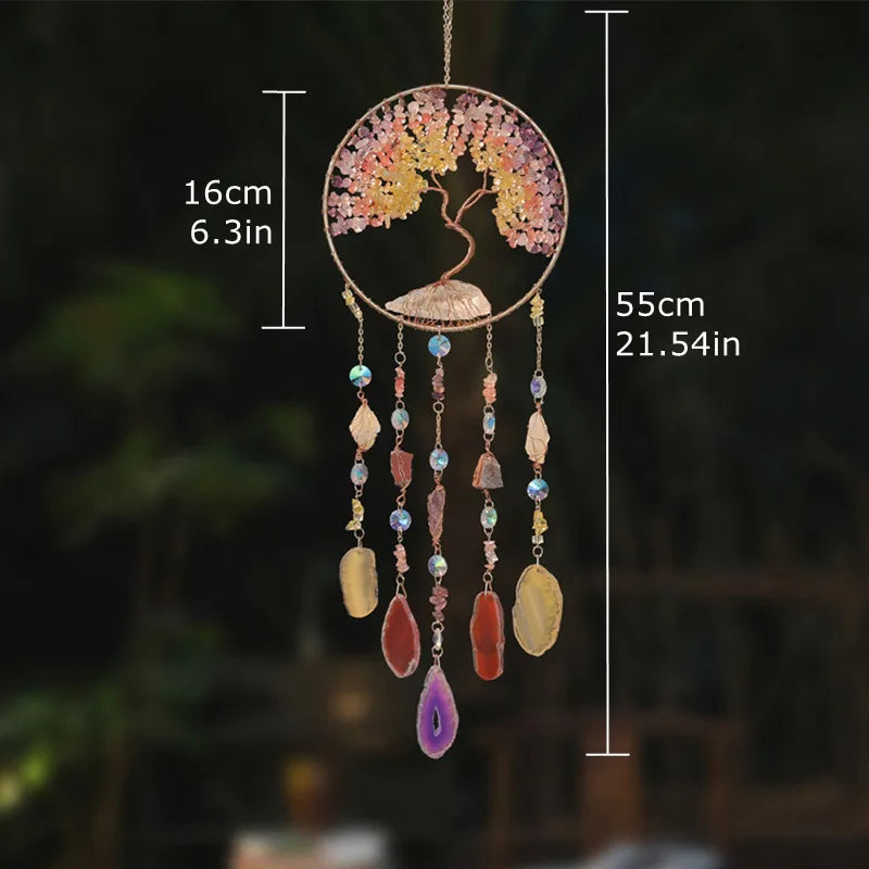Crystal Suncatcher Hanging Home Decor Gemstone Pink Quartz Fluorite Agate Amethyst Tree of Life Dream Catcher for Christmas Gift