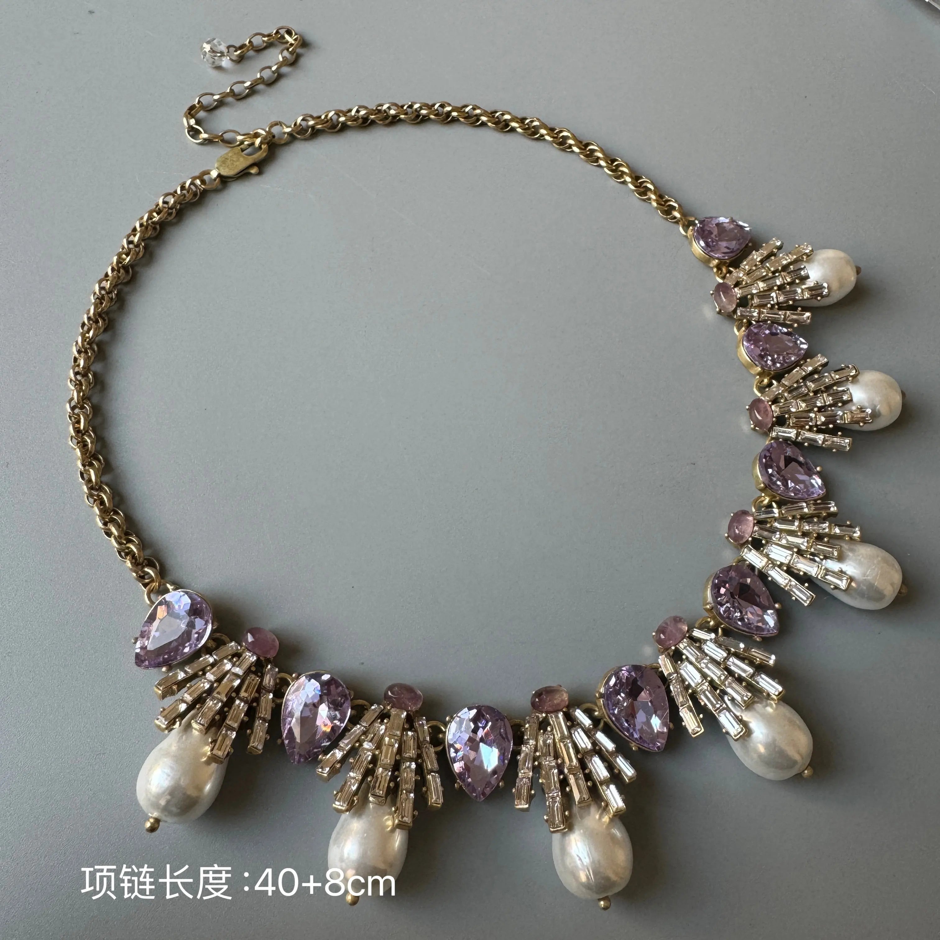 KEQIU Retro Court Style Purple Glass Pearl Necklace And Earrings Set Elegant Vintage Accessory for Women