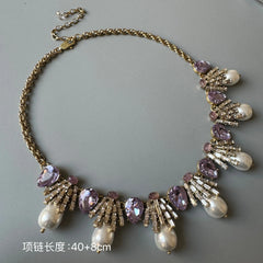 KEQIU Retro Court Style Purple Glass Pearl Necklace And Earrings Set Elegant Vintage Accessory for Women