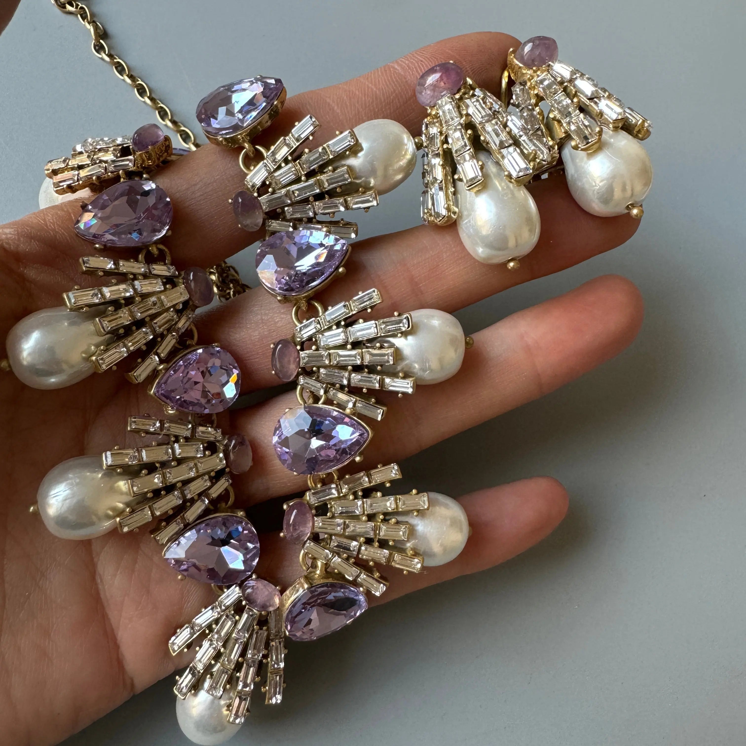 KEQIU Retro Court Style Purple Glass Pearl Necklace And Earrings Set Elegant Vintage Accessory for Women