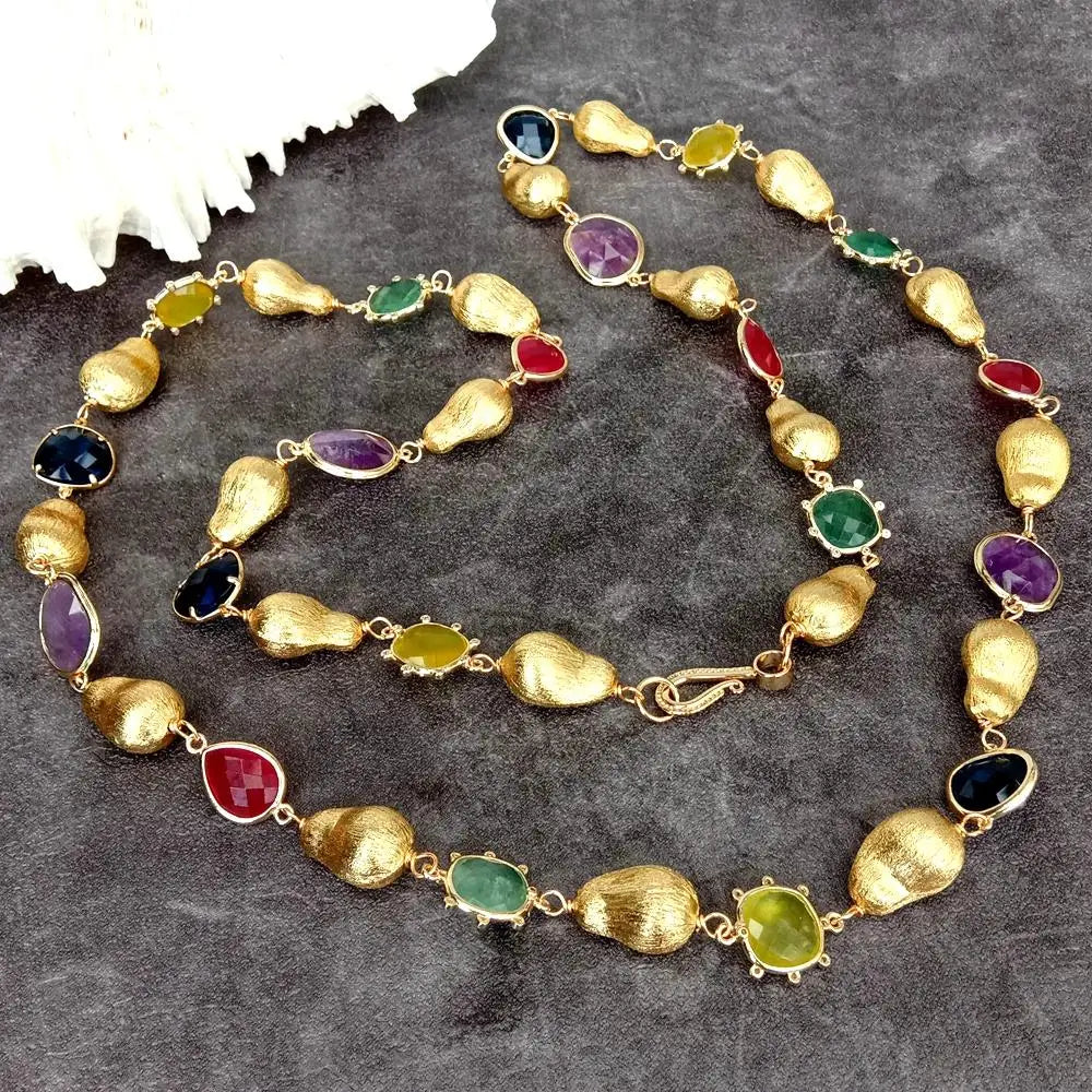 Y·YING Natural Stone Fluorite Lemon Quartz Amethyst Jade Long Necklace Fashion Necklaces 40"