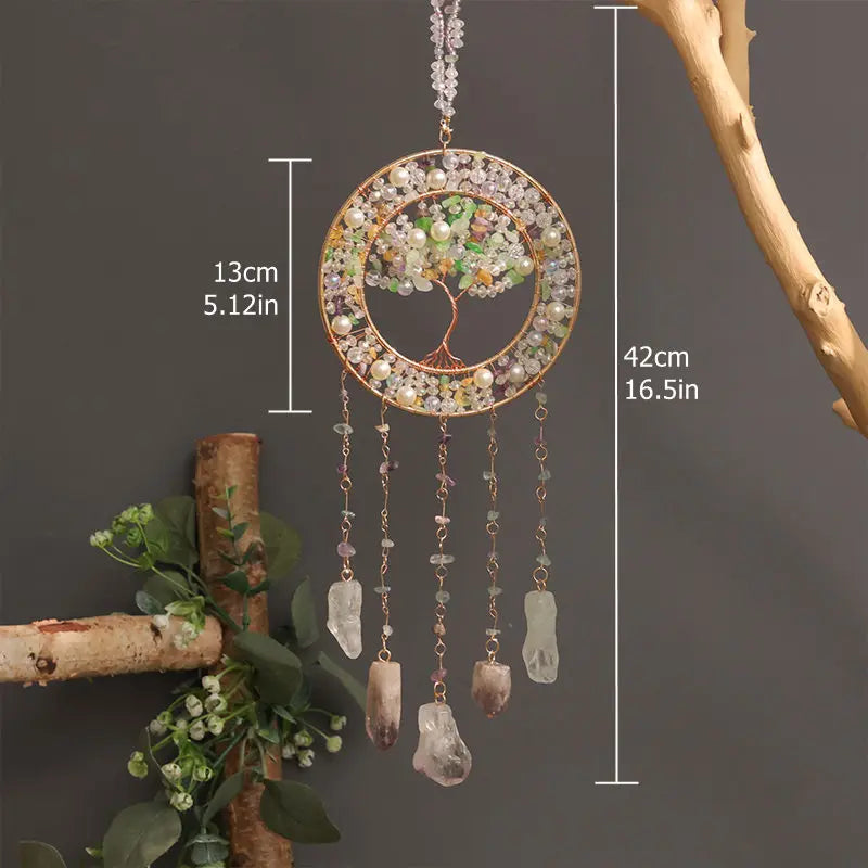 Crystal Suncatcher Hanging Home Decor Gemstone Pink Quartz Fluorite Agate Amethyst Tree of Life Dream Catcher for Christmas Gift