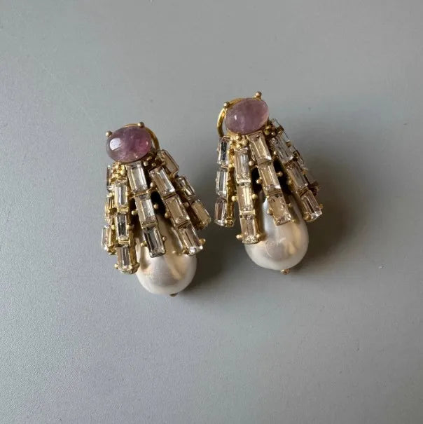KEQIU Retro Court Style Purple Glass Pearl Necklace And Earrings Set Elegant Vintage Accessory for Women