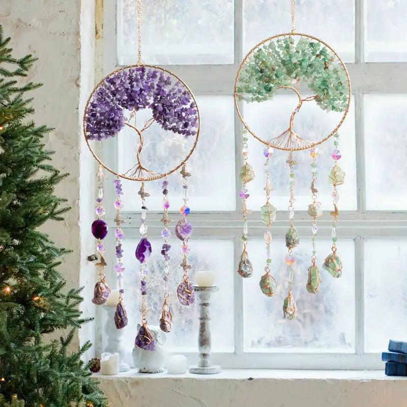 Crystal Suncatcher Hanging Home Decor Gemstone Pink Quartz Fluorite Agate Amethyst Tree of Life Dream Catcher for Christmas Gift