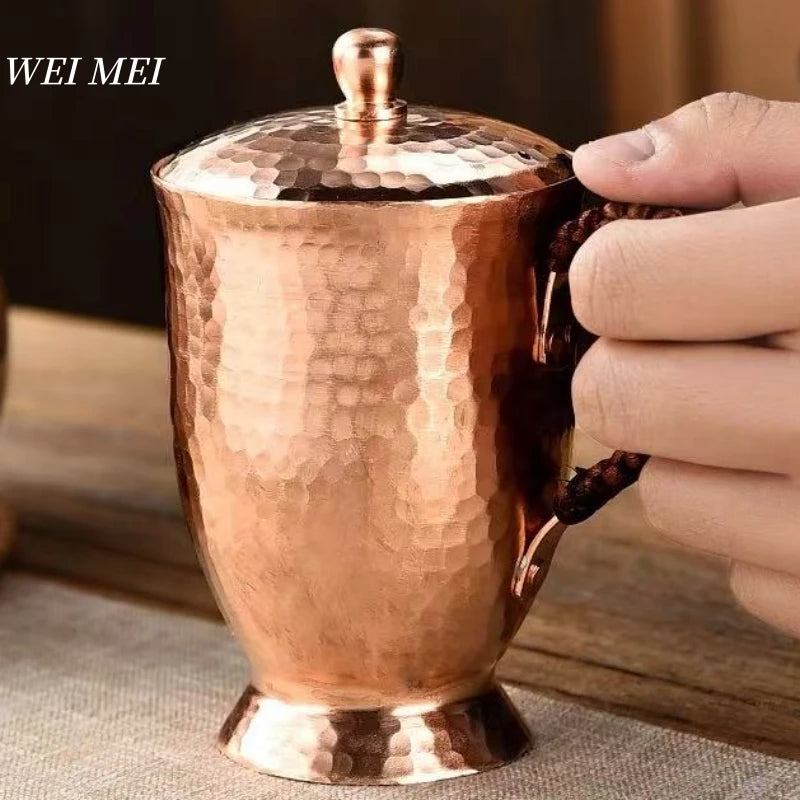 Vintage Pure Copper Mug,With lid Milk Breakfast Coffee Cup,Handcrafted Woven Handle Hammer Texture Home 400ml Tea Cup Tableware