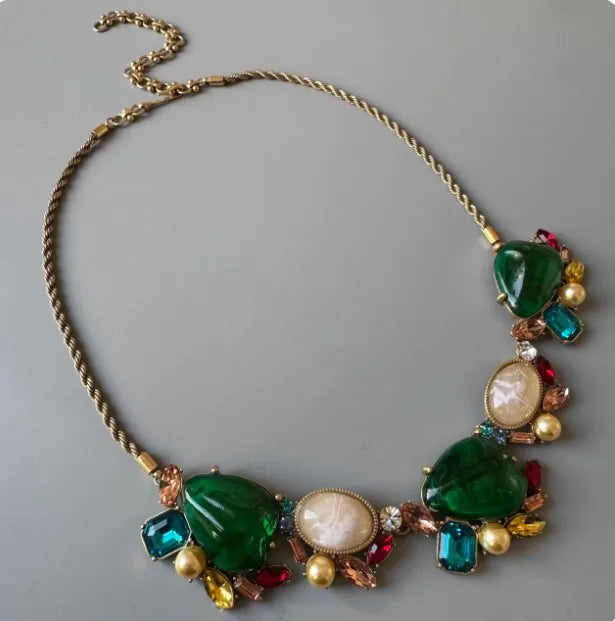 KEQIU Retro Resin Rhinestone Embedded Heavy Necklace Bracelet Earrings Set Elegant Vintage Jewelry Accessory