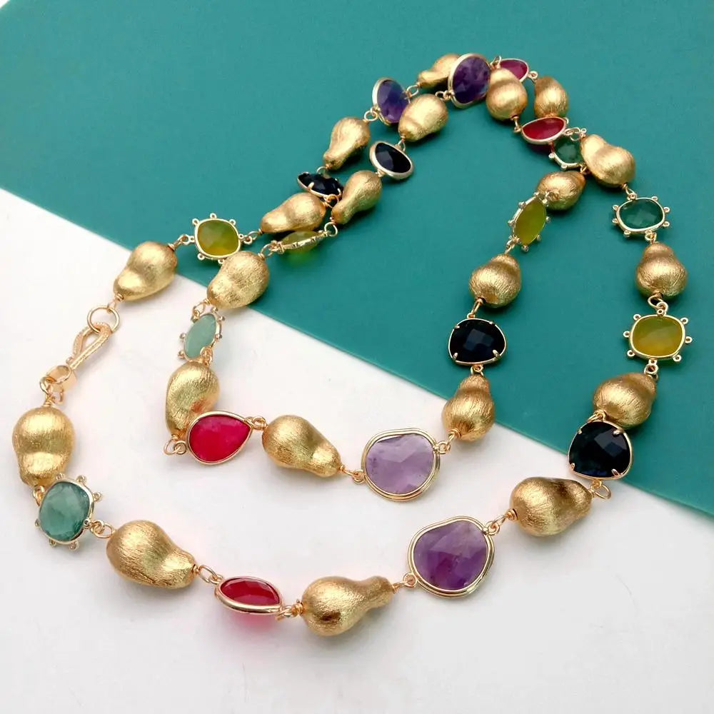 Y·YING Natural Stone Fluorite Lemon Quartz Amethyst Jade Long Necklace Fashion Necklaces 40"