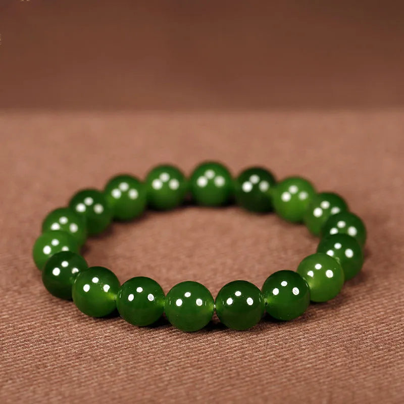 Natural Jade Bracelet Real Hetian Jasper Elastic Beaded Bangles Green Stone Fine Jewelry for Men & Women Couple Bracelets