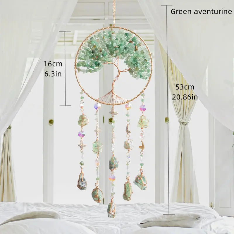 Crystal Suncatcher Hanging Home Decor Gemstone Pink Quartz Fluorite Agate Amethyst Tree of Life Dream Catcher for Christmas Gift