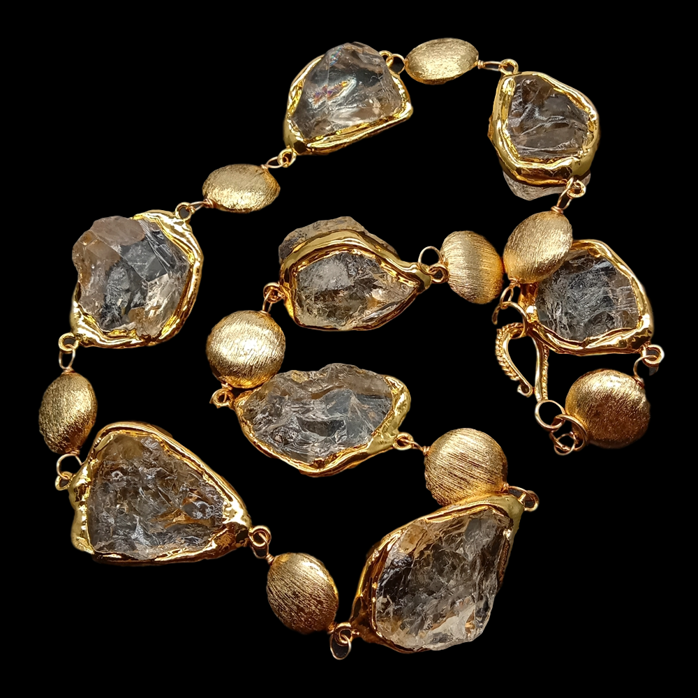 Y·YING Natural Citrines Raw Rough pave Gold color Plated Edge Brushed Bead choker Necklace 21" for women