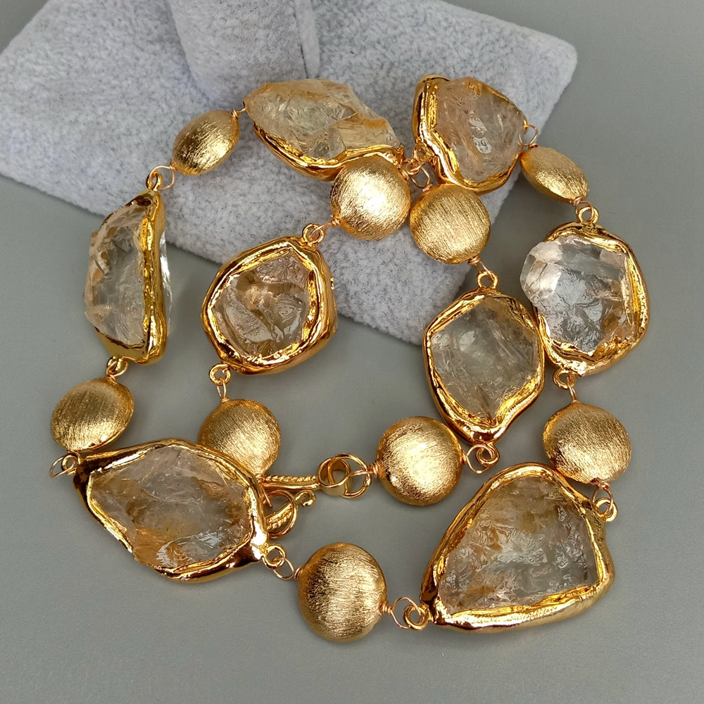 Y·YING Natural Citrines Raw Rough pave Gold color Plated Edge Brushed Bead choker Necklace 21" for women