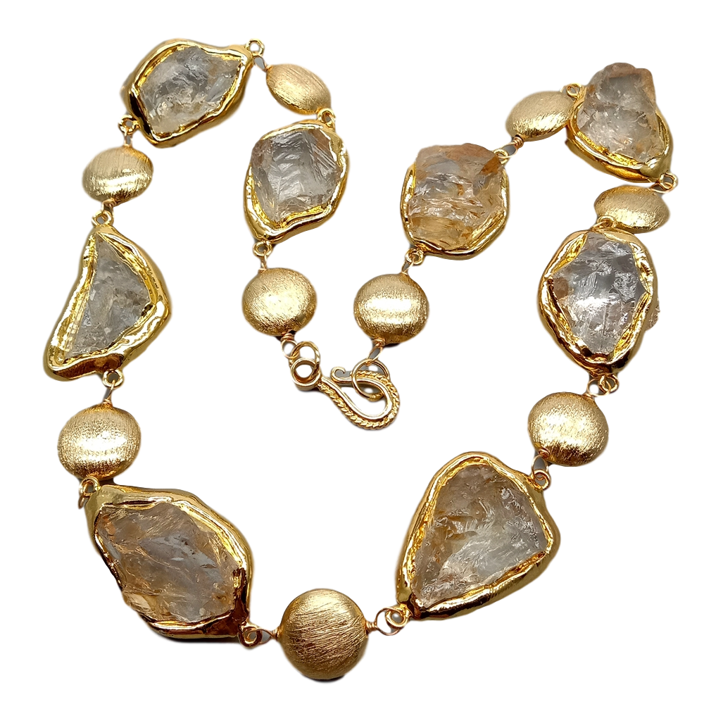 Y·YING Natural Citrines Raw Rough pave Gold color Plated Edge Brushed Bead choker Necklace 21" for women