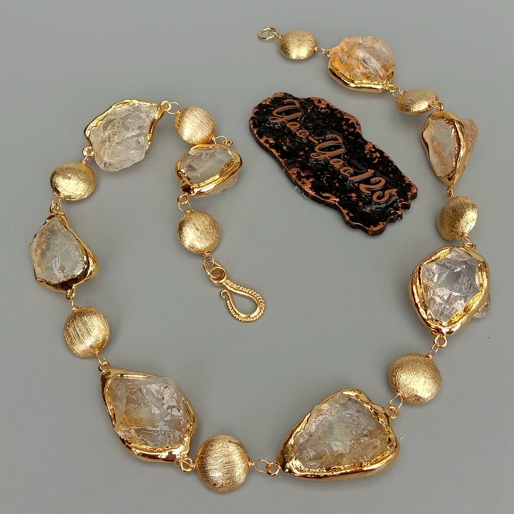 Y·YING Natural Citrines Raw Rough pave Gold color Plated Edge Brushed Bead choker Necklace 21" for women